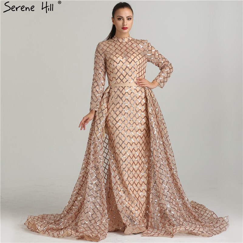 On Sale No Return No Refund Vintage Long Sleeve Luxury Sparkly Evening Dresses 2025 Sequined High Neck Fashion Tulle Evening Gowns Vestidos De Festa LA6414