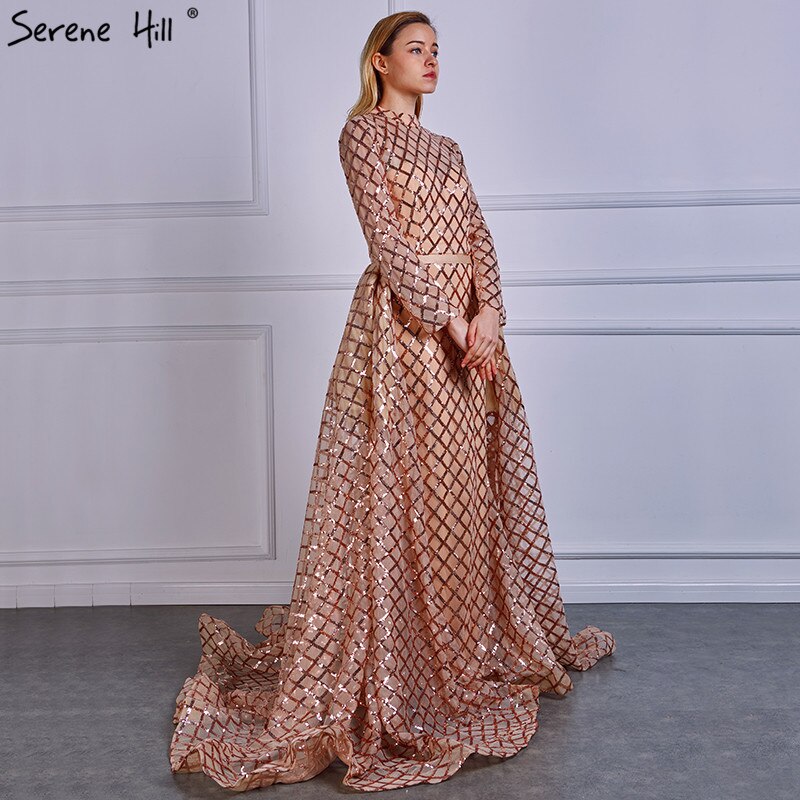 On Sale No Return No Refund Vintage Long Sleeve Luxury Sparkly Evening Dresses 2025 Sequined High Neck Fashion Tulle Evening Gowns Vestidos De Festa LA6414