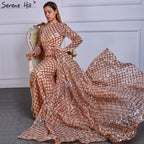 On Sale No Return No Refund Vintage Long Sleeve Luxury Sparkly Evening Dresses 2025 Sequined High Neck Fashion Tulle Evening Gowns Vestidos De Festa LA6414