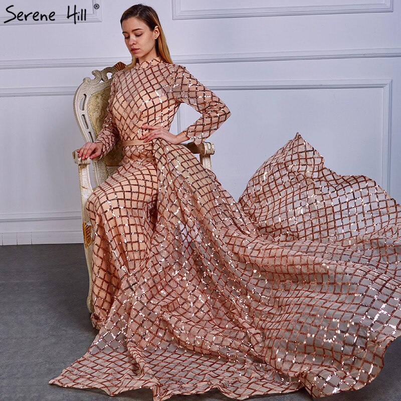 On Sale No Return No Refund Vintage Long Sleeve Luxury Sparkly Evening Dresses 2025 Sequined High Neck Fashion Tulle Evening Gowns Vestidos De Festa LA6414