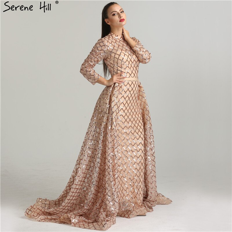 On Sale No Return No Refund Vintage Long Sleeve Luxury Sparkly Evening Dresses 2025 Sequined High Neck Fashion Tulle Evening Gowns Vestidos De Festa LA6414
