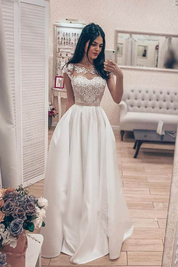 Baoleely Vintage A-line Satin Lace Bodice Bateau Neck Corset Back Wedding Dresses, MW747