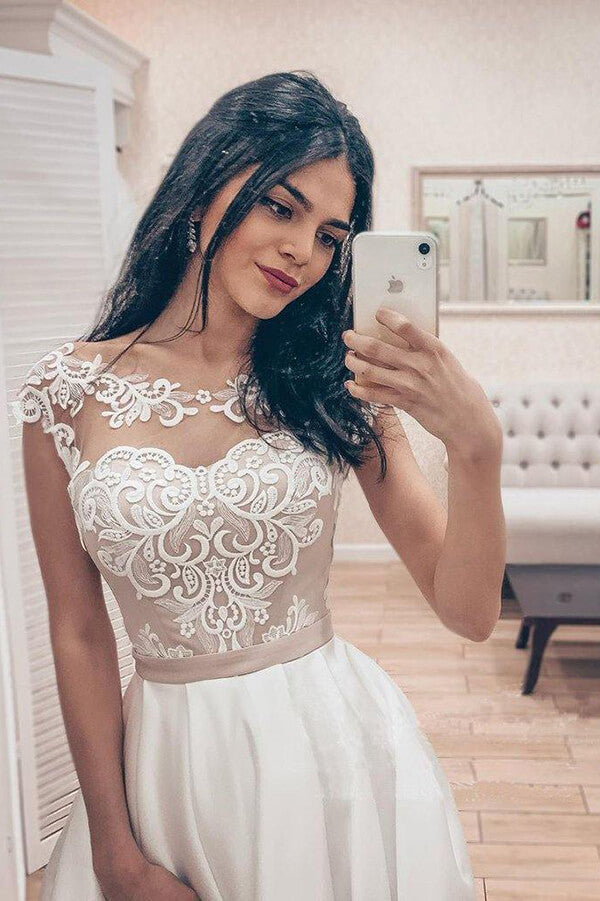 Baoleely Vintage A-line Satin Lace Bodice Bateau Neck Corset Back Wedding Dresses, MW747