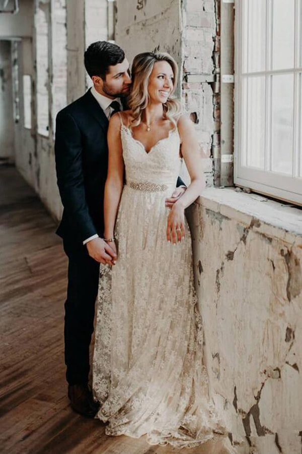 Baoleely Vintage Beaded A-line V-neck Spaghetti Straps Lace Wedding Dresses, MW582