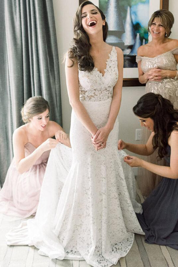Baoleely Vintage Ivory Lace Mermaid V Neck Wedding Dress, Bridal Dresses, MW533