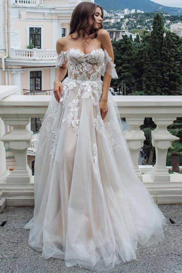 Baoleely Vintage Lace A-line Sweetheart Off-the-Shoulder Beach Wedding Dresses, MW735