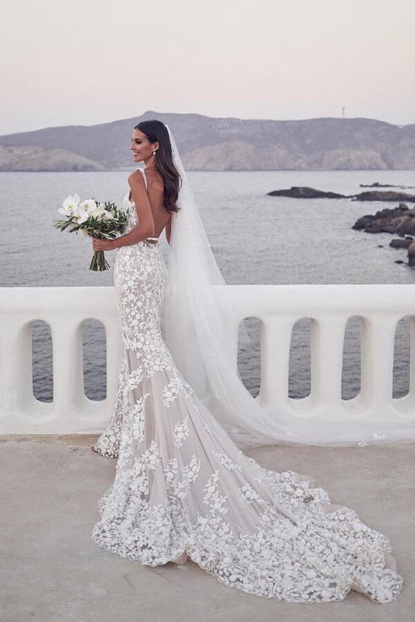 Baoleely Vintage Lace Mermaid Beaded Deep V Neck Wedding Dress, Bridal Gown, MW558