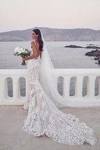 Baoleely Vintage Lace Mermaid Beaded Deep V Neck Wedding Dress, Bridal Gown, MW558