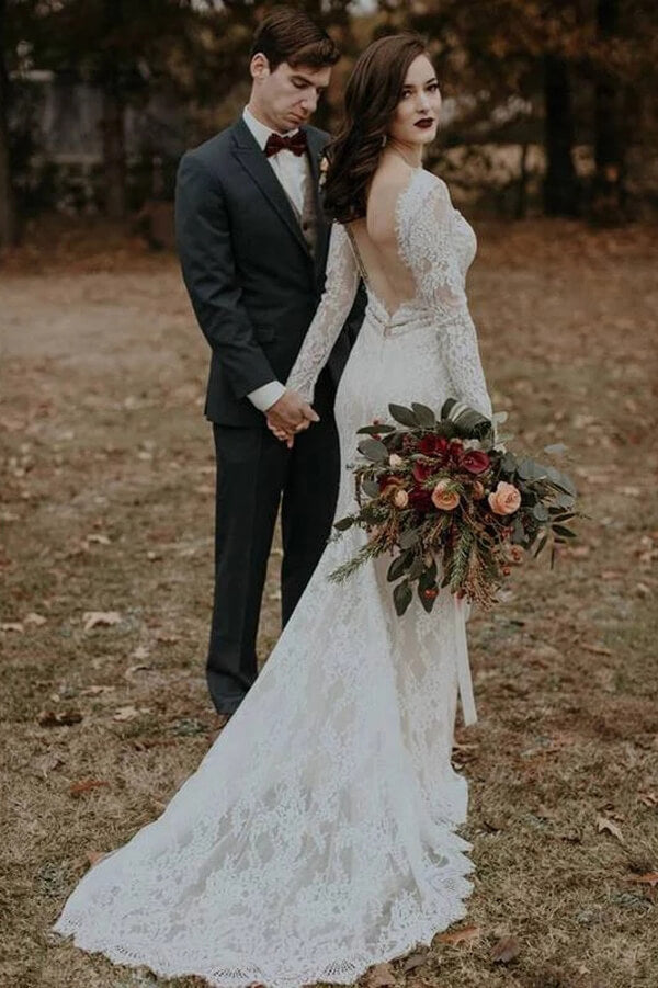 Baoleely Vintage Long Sleeves Lace Mermaid Backless Wedding Dress, Bridal Gown, MW562