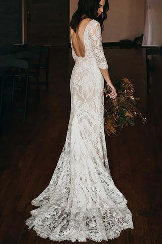 Robe de mariée style sirène vintage en dentelle, col en V, style bohème, avec traîne chapelle, MW686