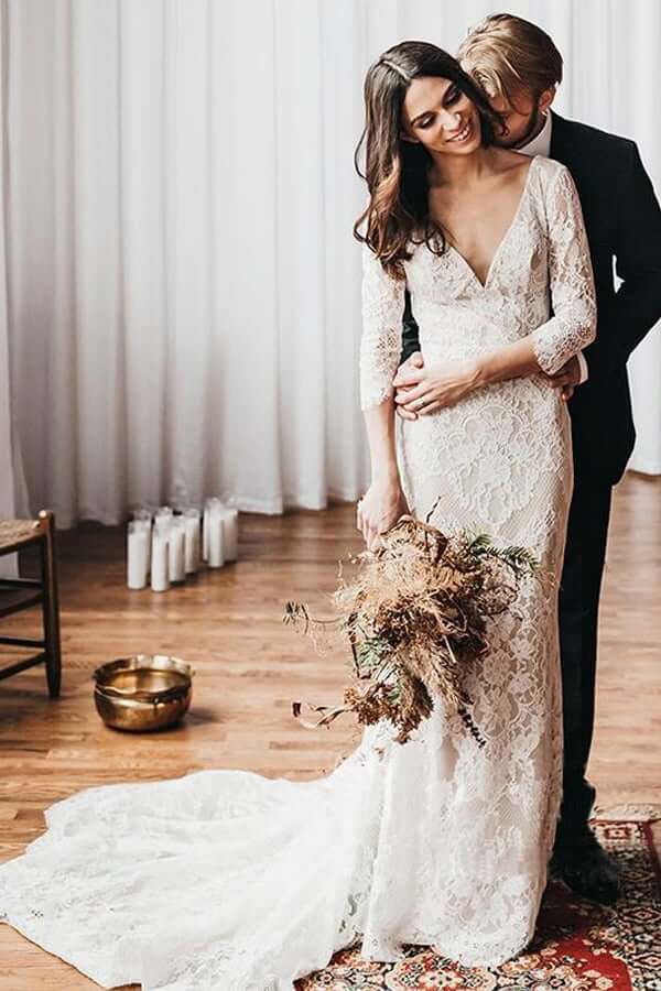 Baoleely Vintage Mermaid Lace V-neck Boho Wedding Dresses With Chapel Train, MW686