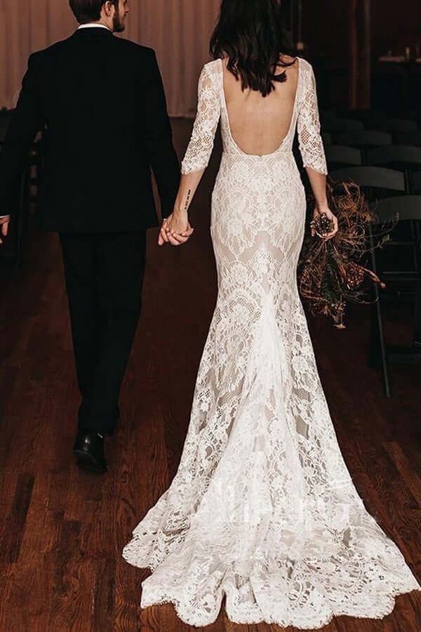 Baoleely Vintage Mermaid Lace V-neck Boho Wedding Dresses With Chapel Train, MW686