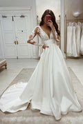 Baoleely Vintage Satin Lace Ball Gown Deep V Neck Wedding Dresses, Bridal Gown, MW593