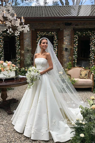 Baoleely Vintage Satin Strapless Ball Gown Wedding Dresses With Floral Lace, MW991