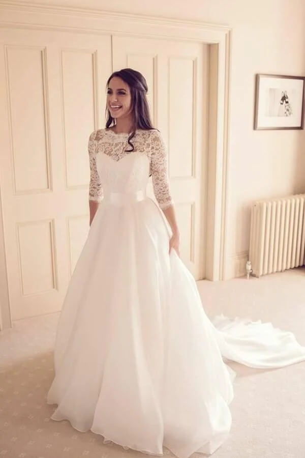 Baoleely Vintage Tulle Lace A-line 3/4 Sleeves Bridal Gowns, Wedding Dresses, MW815