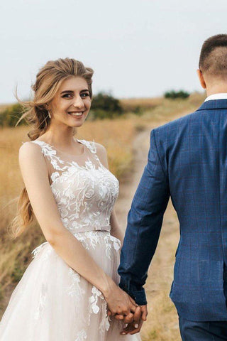 Vestido de novia vintage de tul con escote redondo y encaje, corte en A, modelo WD531