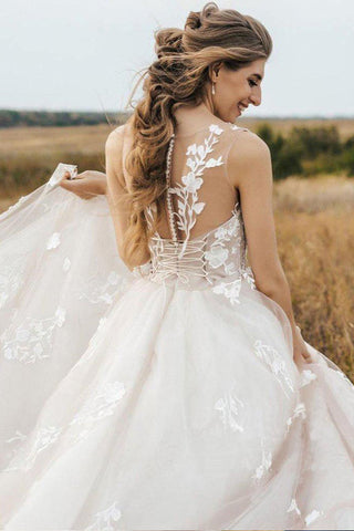 Vestido de novia vintage de tul con escote redondo y encaje, corte en A, modelo WD531