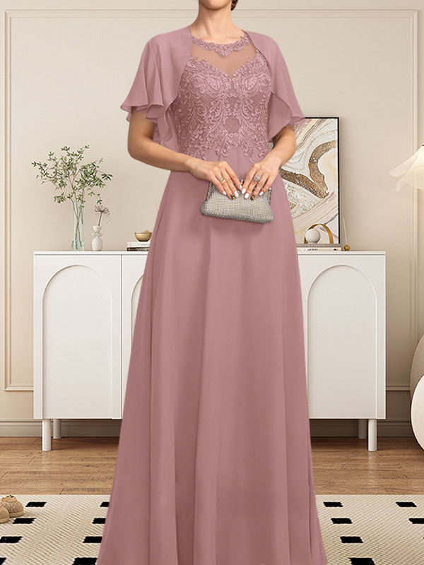 Robe de mère de la mariée en mousseline de dentelle, coupe trapèze, décolleté illusion, longueur au sol, ornée de sequins