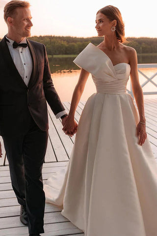 Baoleely Vintage Satin One Shoulder Ball Gown Wedding Dresses With Train, MW1015