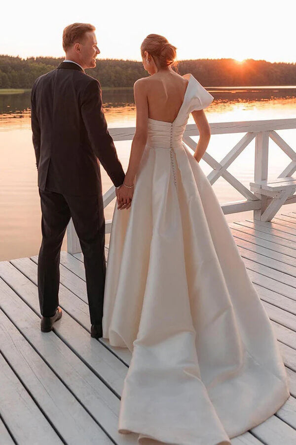 Baoleely Vintage Satin One Shoulder Ball Gown Wedding Dresses With Train, MW1015