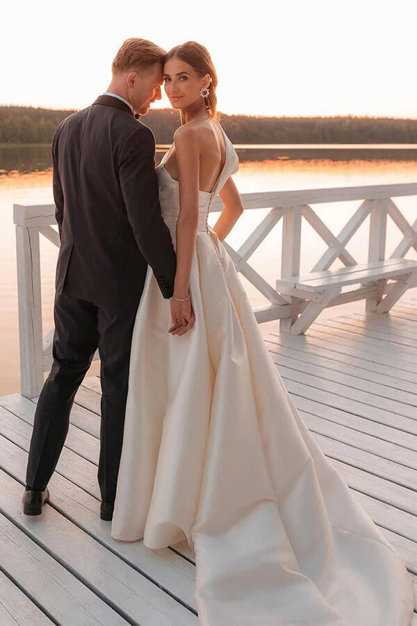 Baoleely Vintage Satin One Shoulder Ball Gown Wedding Dresses With Train, MW1015