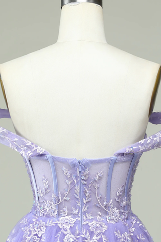 Robe de bal lilas à épaules dénudées et corset ornée d'appliqués Y2168