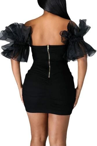 Vestido corto de fiesta negro con mangas abullonadas y volantes para mujer, estilo sexy, con hombros descubiertos y diseño de malla, modelo Y786