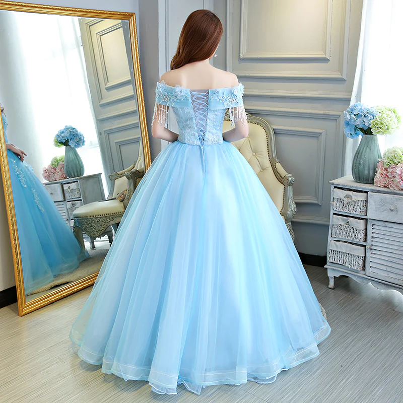 Vestido de gala azul claro de lujo, estilo princesa, con hombros descubiertos Y309