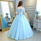Vestido de gala azul claro de lujo, estilo princesa, con hombros descubiertos Y309