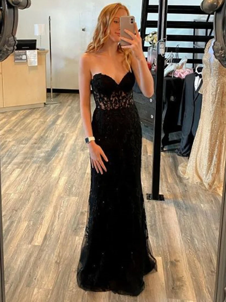 Robe de bal longue sirène en dentelle noire dos nu, robe de soirée noire bustier, robe de soirée en dentelle noire Y1794