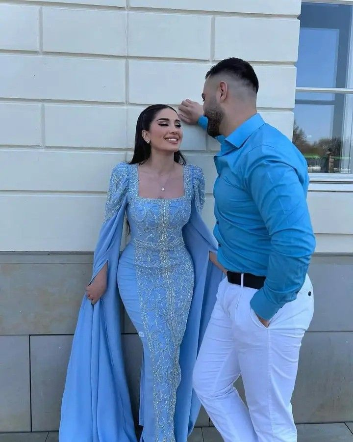Elegante vestido de noche de lujo azul con lentejuelas y cuentas, ribete de satén y chal. Vestido de fiesta musulmán estilo árabe de Dubái Y4669