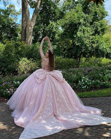 Robe de bal rose glamour pour Sweet 16, robe de princesse en tulle rose à papillons Y2336