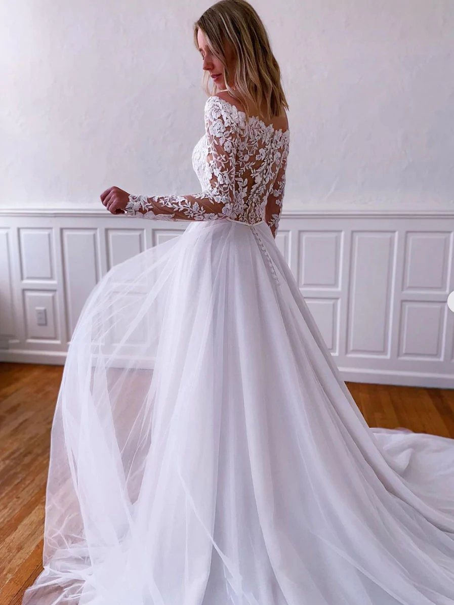 Vestido largo de fiesta de tul y encaje blanco, vestido de noche de tul y encaje blanco Y251