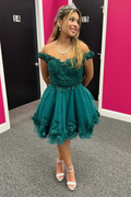 Vestido de fiesta de bienvenida con apliques esmeralda y hombros descubiertos, corte en A, modelo Y2085