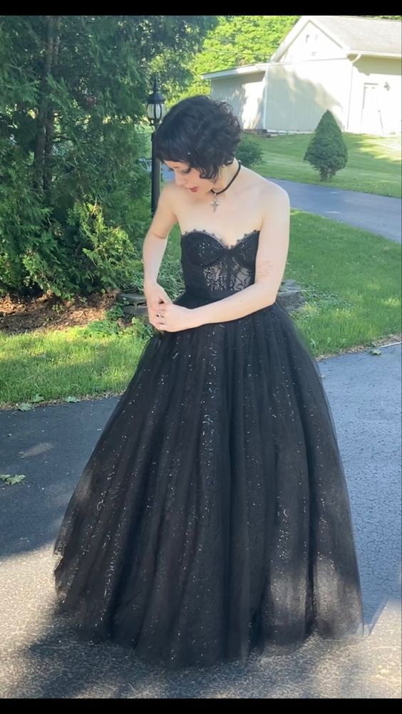 Vestido de fiesta negro brillante con escote corazón y corte en A, vestido de noche negro Y7356