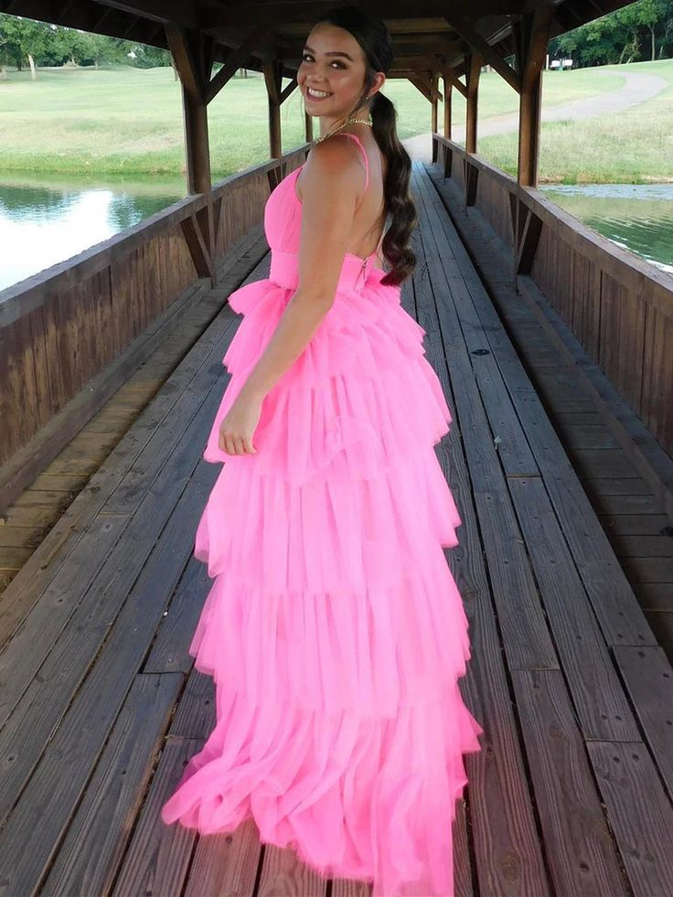 Robe de bal longue rose à dos nu et volants, style Y4954
