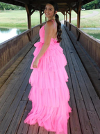 Robe de bal longue rose à dos nu et volants, style Y4954
