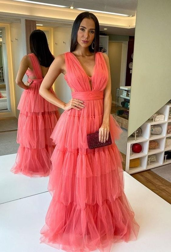 Vestido largo de fiesta de tul con escote en V y espalda descubierta, estilo rústico, modelo Y5448