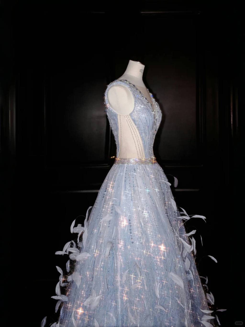 Vestido de noche de corte A, corte glamuroso, con escote en V, tul, cuentas y plumas, modelo Y8682