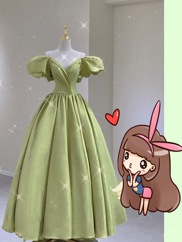 Robe de bal longue en satin vert à manches bouffantes, robe de soirée verte, Y2458