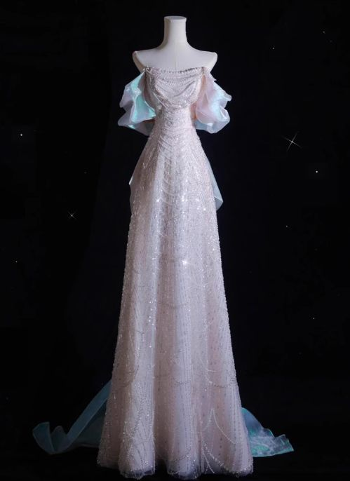 Robe de bal longue rose en tulle à sequins et perles, coupe trapèze, épaules dénudées, modèle Y8050