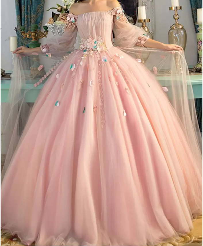 Vestidos de fiesta de manga larga, vestido de baile largo de hada floral rosa perla S24387