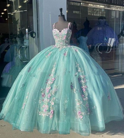 Vestido de quinceañera de talla grande color verde menta princesa con apliques de encaje, vestido de baile para dulces 16 años Y6366