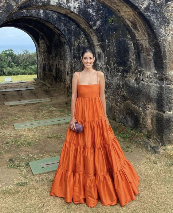 Vestido largo de fiesta naranja corte A, vestidos de noche extravagantes Y4066