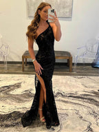 Vestido de fiesta de sirena de un solo hombro con encaje y falda