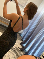 Vestido de fiesta de sirena de un solo hombro con encaje y falda