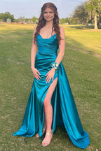 Robe de bal longue sirène bustier en satin vert paon avec fente