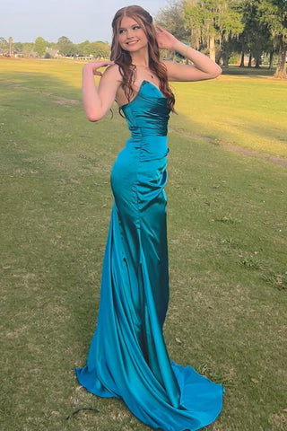 Peacock Green Strapless Mermaid Satin Long Prom Dress with Slit