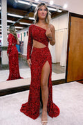 Vestido largo de fiesta rojo con lentejuelas y un solo hombro