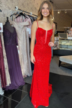 Spaghetti Straps Sequins Mermaid Long Corset Prom Dress with Slit